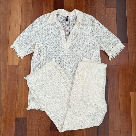 H&M Premium | Cream lace fringe matching pant & tunic set size large brand new - Picture 1 of 8